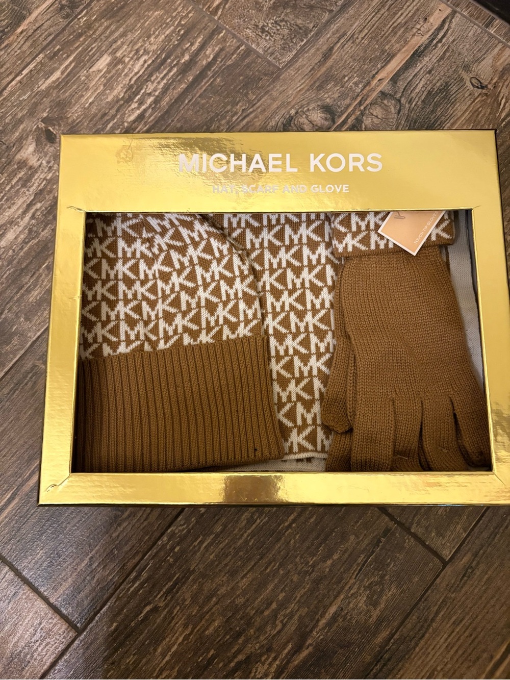 Michael Kors Caramel & White MK Logo Hat, Scarf and Gloves Set